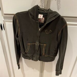 True Religion Olive Green Hooded Zip-Up Jacket with Contrast Stitching